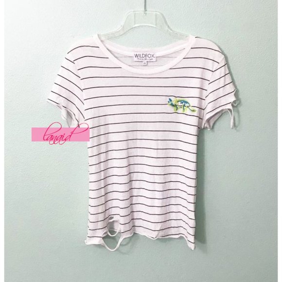 NEW Wildfox Triceratops Stellar Stripe Crew Dinosaur Distressed Destroyed Top XS - Picture 5 of 9